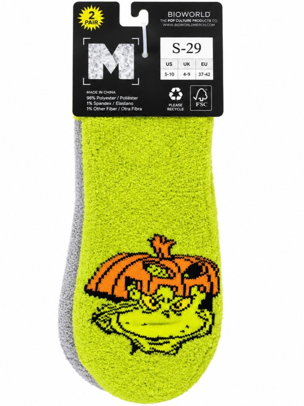 Bioworld Men’s Lime Green & Gray Fuzzy Socks - 2 Pair Pack